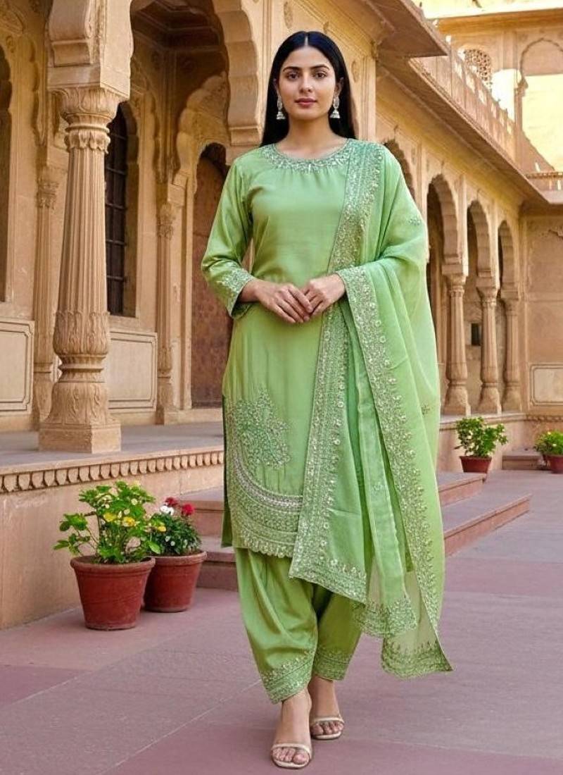 Green crepe readymade suit with embroidery & sequence work