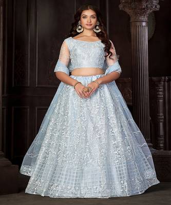 Embroidered Thread Work Net Semi Stitched Lehenga & Blouse With Dupatta 1