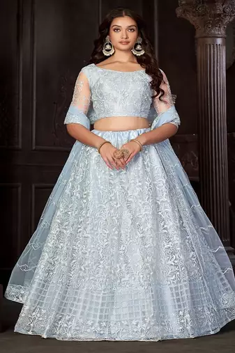 Embroidered Thread Work Net Semi Stitched Lehenga & Blouse With Dupatta