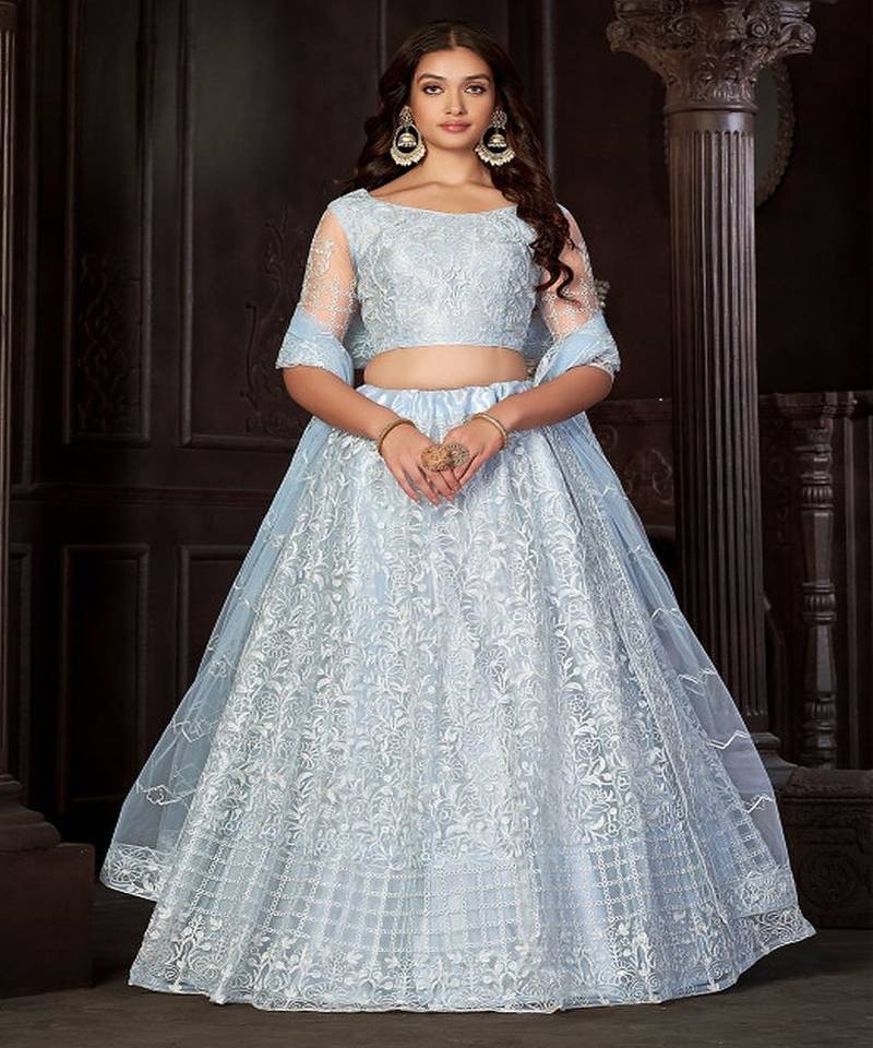 Embroidered Thread Work Net Semi Stitched Lehenga & Blouse With Dupatta