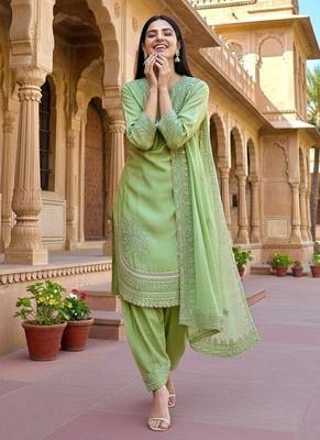 Green crepe readymade suit with embroidery & sequence work 2