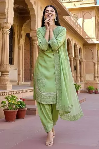 Green crepe readymade suit with embroidered sequin 