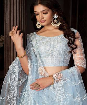 Embroidered Thread Work Net Semi Stitched Lehenga & Blouse With Dupatta 2