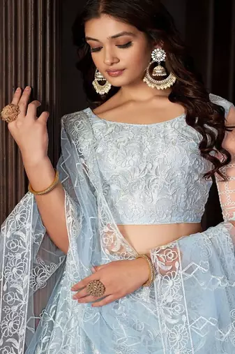 Embroidered Thread Work Net Semi Stitched Lehenga & Blouse With Dupatta