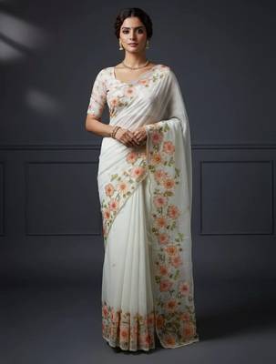 Light Orange Color  Floral Print With Pearls and Pipe Hand Work Organza Saree 1