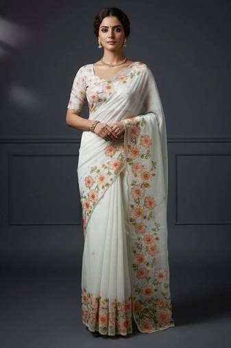 Light Orange Color  Floral Print With Pearls and Pipe Hand Work Organza Saree