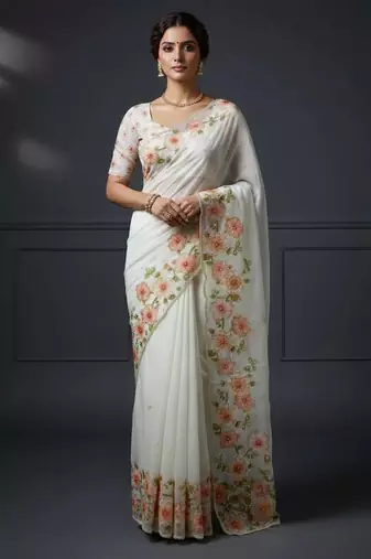 Light Orange Color  Floral Print With Pearls and Pipe Hand Work Organza Saree