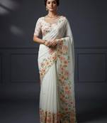 Light Orange Color  Floral Print With Pearls and Pipe Hand Work Organza Saree