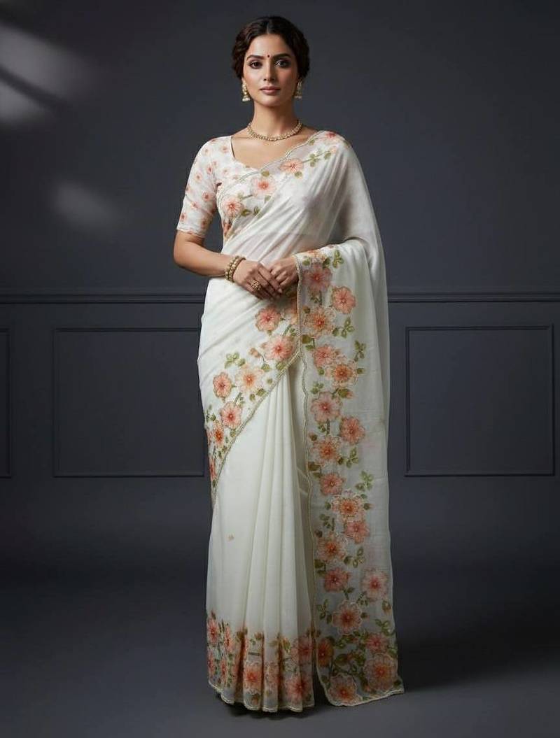 Light Orange Color  Floral Print With Pearls and Pipe Hand Work Organza Saree