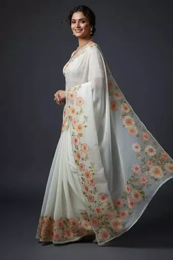 Light Orange Color  Floral Print With Pearls and Pipe Hand Work Organza Saree