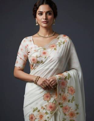 Light Orange Color  Floral Print With Pearls and Pipe Hand Work Organza Saree 3