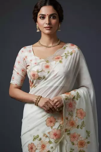 Light Orange Color  Floral Print With Pearls and Pipe Hand Work Organza Saree