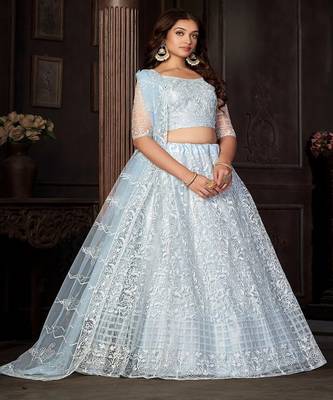 Embroidered Thread Work Net Semi Stitched Lehenga & Blouse With Dupatta 3
