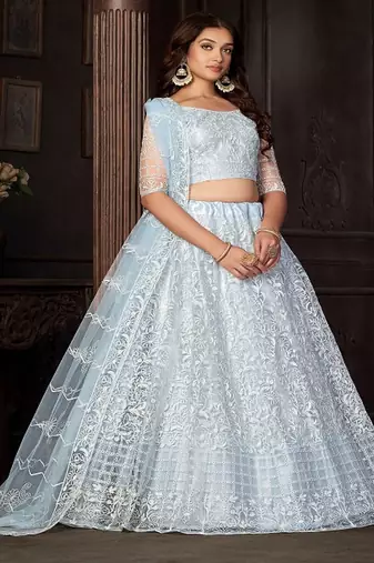 Embroidered Thread Work Net Semi Stitched Lehenga & Blouse With Dupatta