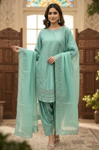 Sky blue crepe readymade suit with embroidery & sequence work
