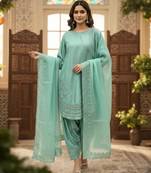 Sky blue crepe readymade suit with embroidery & sequence work