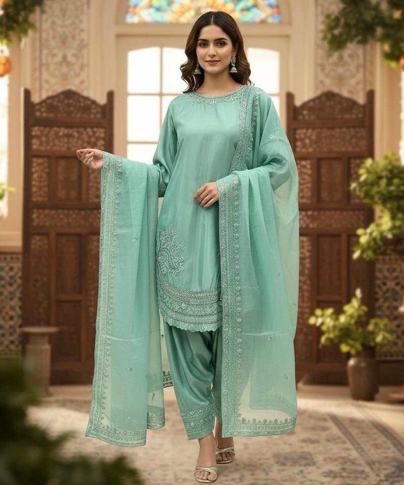 Sky blue crepe readymade suit with embroidery & sequence work