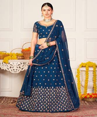 Teal Blue & Red Embroidered Semi Stitched Lehenga&Unstitched Blouse & Dupatta 1