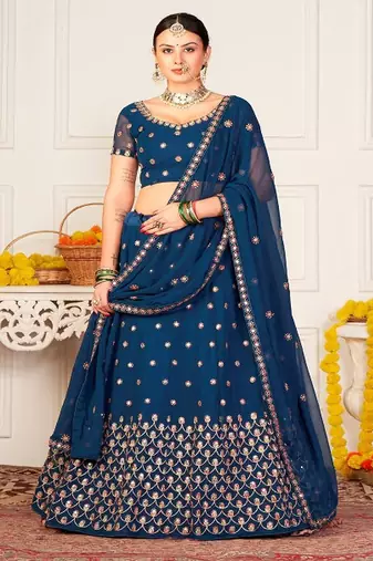 Teal Blue & Red Embroidered Semi Stitched Lehenga&Unstitched Blouse & Dupatta