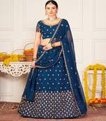 Teal Blue & Red Embroidered Semi Stitched Lehenga&Unstitched Blouse & Dupatta