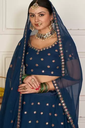 Teal Blue & Red Embroidered Semi Stitched Lehenga&Unstitched Blouse & Dupatta