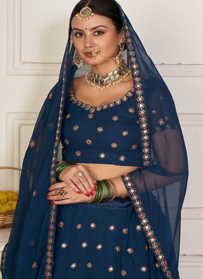 Teal Blue & Red Embroidered Semi Stitched Lehenga&Unstitched Blouse & Dupatta