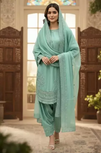Sky blue crepe readymade suit with embroidered sequin 