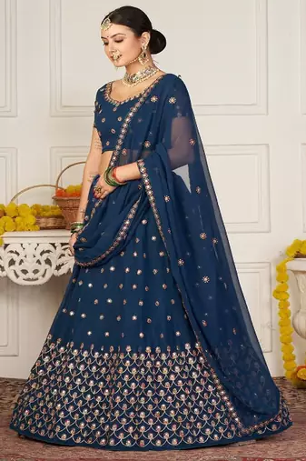 Teal Blue & Red Embroidered Semi Stitched Lehenga&Unstitched Blouse & Dupatta