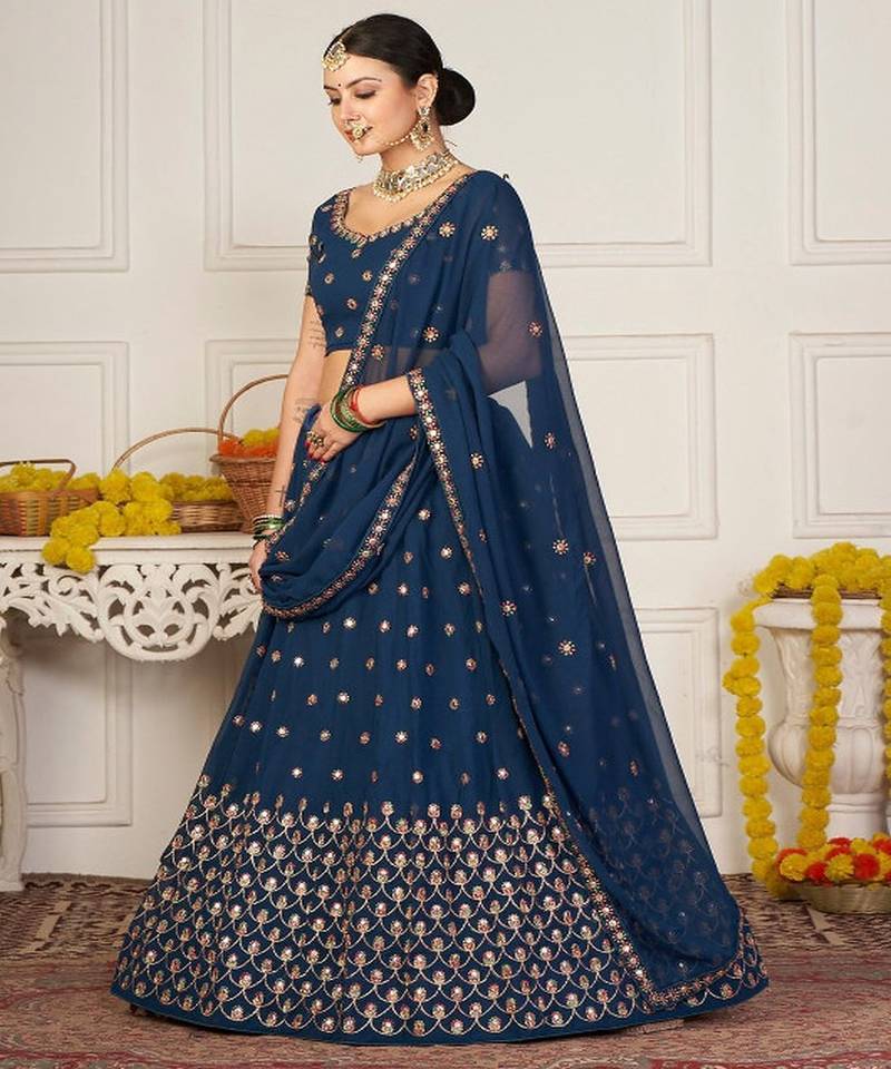 Teal Blue & Red Embroidered Semi Stitched Lehenga&Unstitched Blouse & Dupatta
