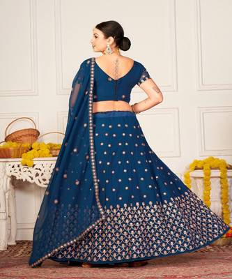 Teal Blue & Red Embroidered Semi Stitched Lehenga&Unstitched Blouse & Dupatta 4