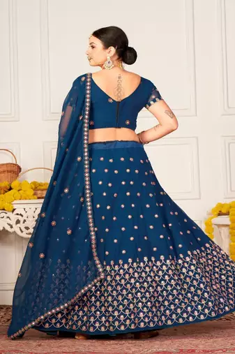 Teal Blue & Red Embroidered Semi Stitched Lehenga&Unstitched Blouse & Dupatta