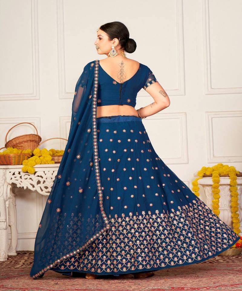 Teal Blue & Red Embroidered Semi Stitched Lehenga&Unstitched Blouse & Dupatta