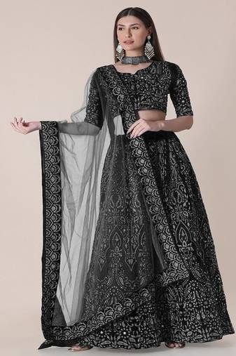 Black & Silver Toned Embroidered Thread Work Semi Stitched Lehenga & Unstitched Blouse With