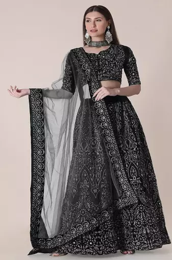 Black & Silver Toned Embroidered Thread Work Semi Stitched Lehenga & Unstitched Blouse With