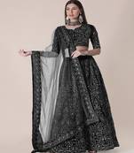 Black & Silver Toned Embroidered Thread Work Semi Stitched Lehenga & Unstitched Blouse With