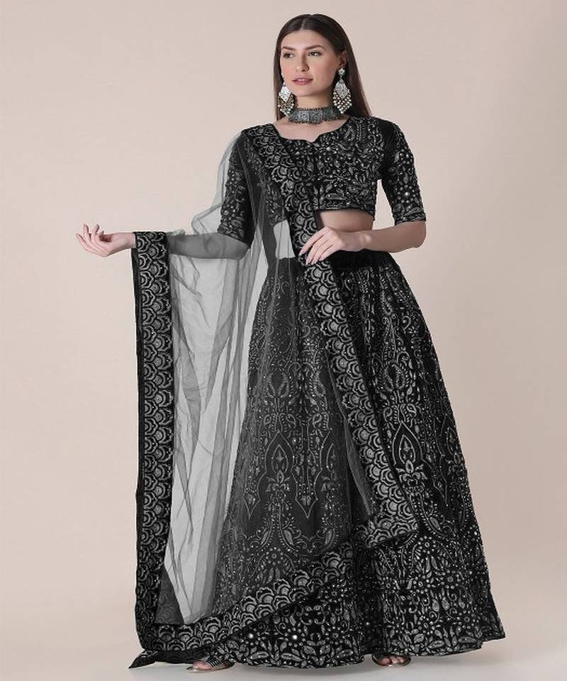 Black & Silver Toned Embroidered Thread Work Semi Stitched Lehenga & Unstitched Blouse With