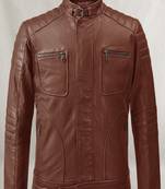 Brown quilted leather four pockeet pure lambskin motorcycle biker jacket