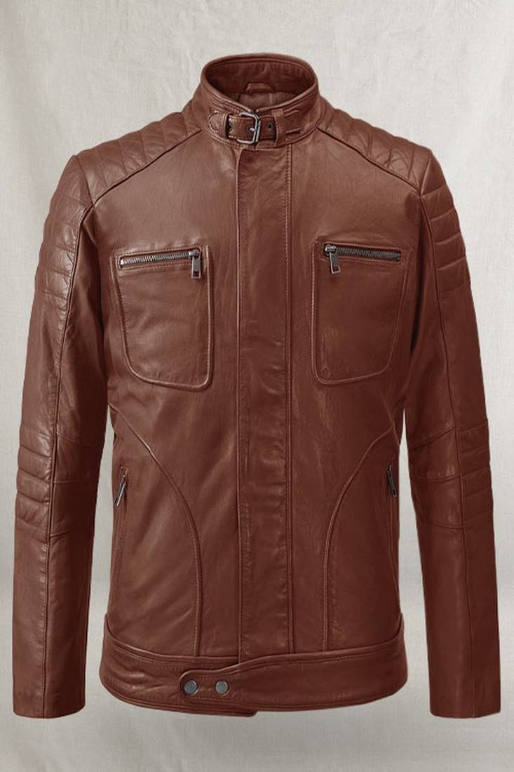 Brown quilted leather four pockeet pure lambskin motorcycle biker jacket