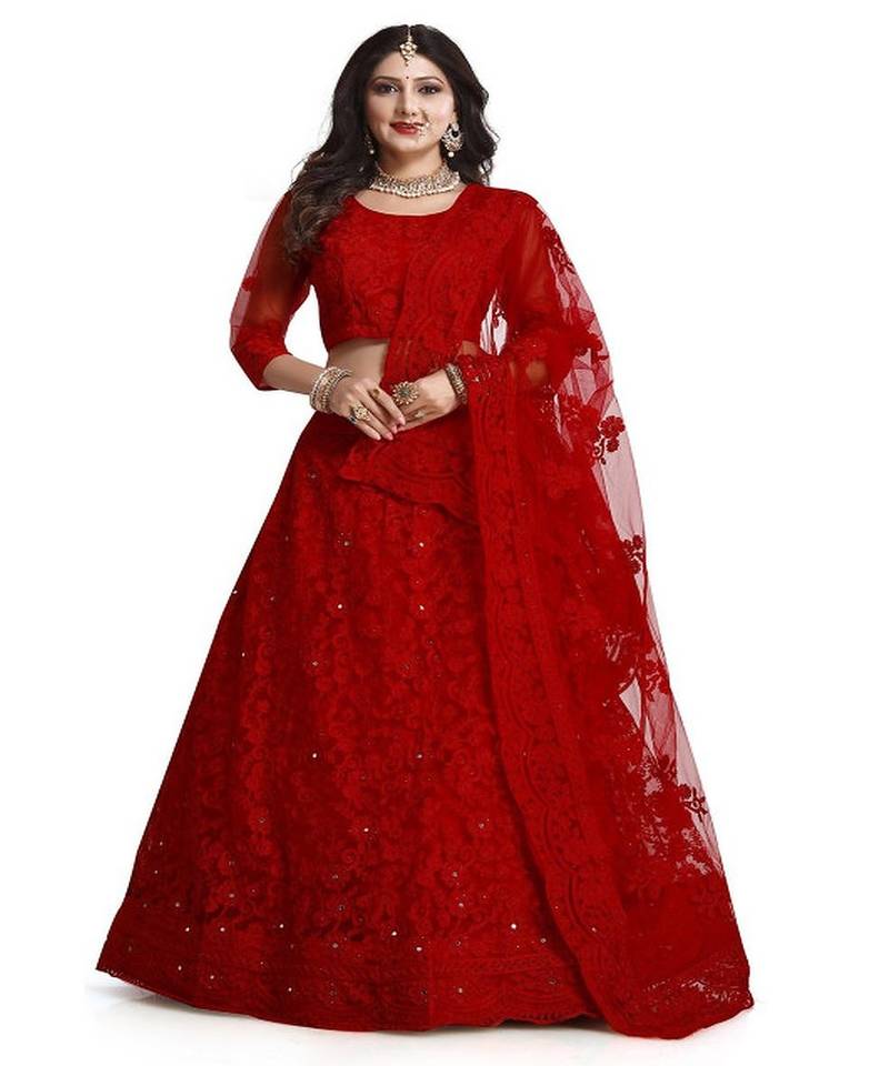 Embroidered Thread Work Semi Stitched Lehenga With Unstitched Blouse & Dupatta