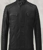 Mens black quilted leather four pockeet pure lambskin motorcycle biker jacket