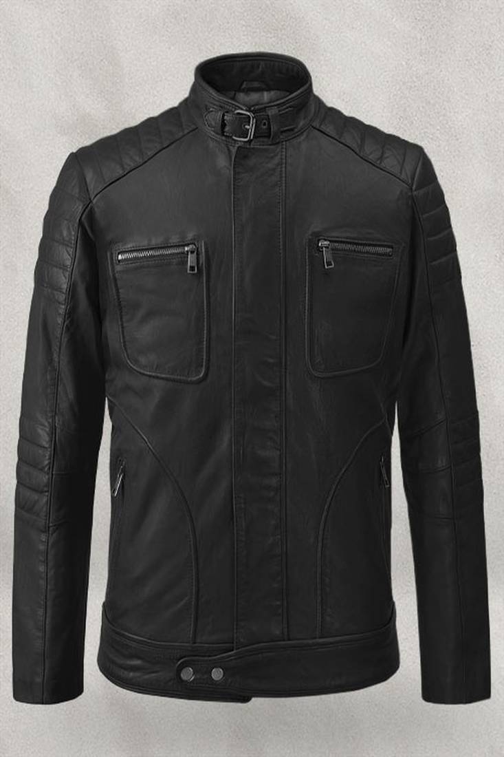 Mens black quilted leather four pockeet pure lambskin motorcycle biker jacket