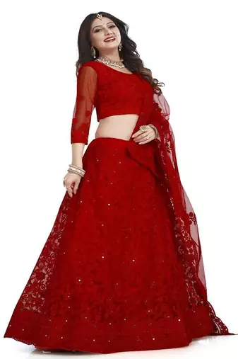 Embroidered Thread Work Semi Stitched Lehenga With Unstitched Blouse & Dupatta