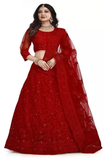 Embroidered Thread Work Net Semi Stitched Lehenga & Blouse With Dupatta
