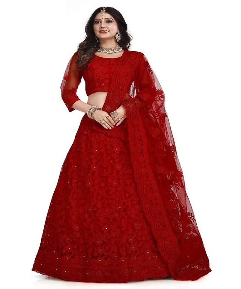 Embroidered Thread Work Net Semi Stitched Lehenga & Blouse With Dupatta