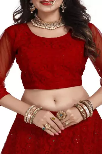 Embroidered Thread Work Net Semi Stitched Lehenga & Blouse With Dupatta