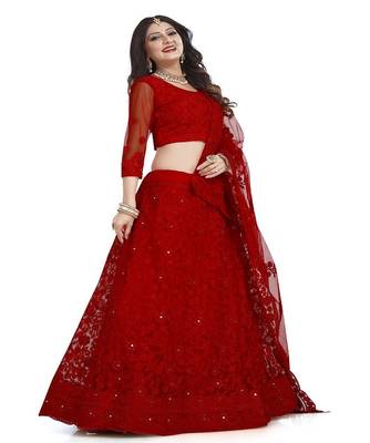 Embroidered Thread Work Net Semi Stitched Lehenga & Blouse With Dupatta 3