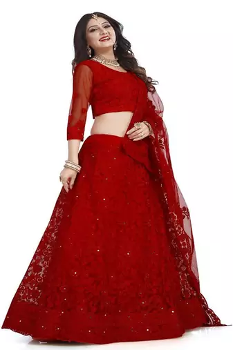 Embroidered Thread Work Net Semi Stitched Lehenga & Blouse With Dupatta
