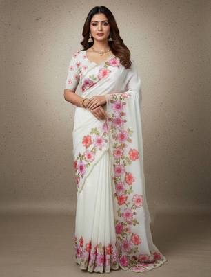Pink  Color  Floral Print With Pearls and Pipe Hand Work Organza Saree 1