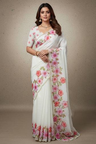 Pink  Color  Floral Print With Pearls and Pipe Hand Work Organza Saree