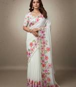 Pink  Color  Floral Print With Pearls and Pipe Hand Work Organza Saree
